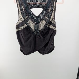 Free People Black Camisole with Cream Lace and Blue Beadwork